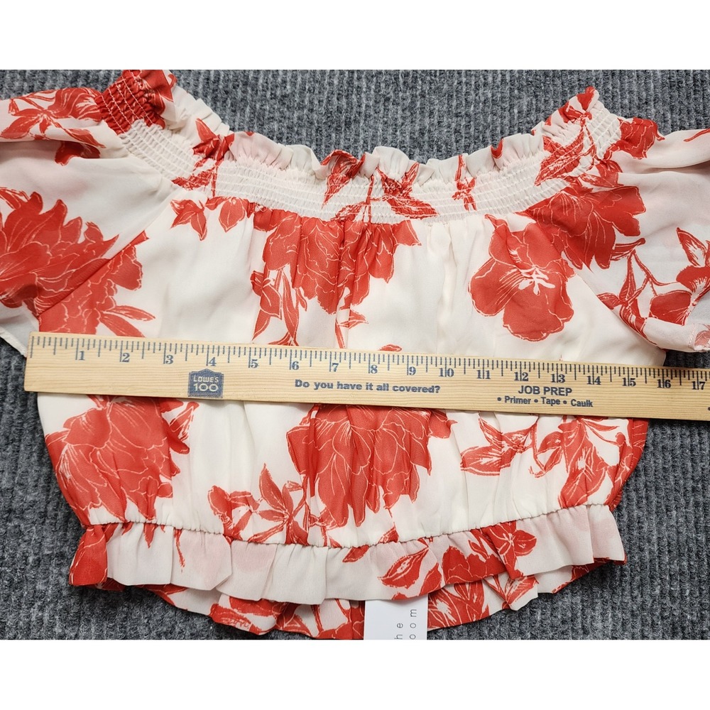 The Room Floral Off The Shoulder Crop Top Red White Smocked Ruffle Blouse - Picture 4 of 10